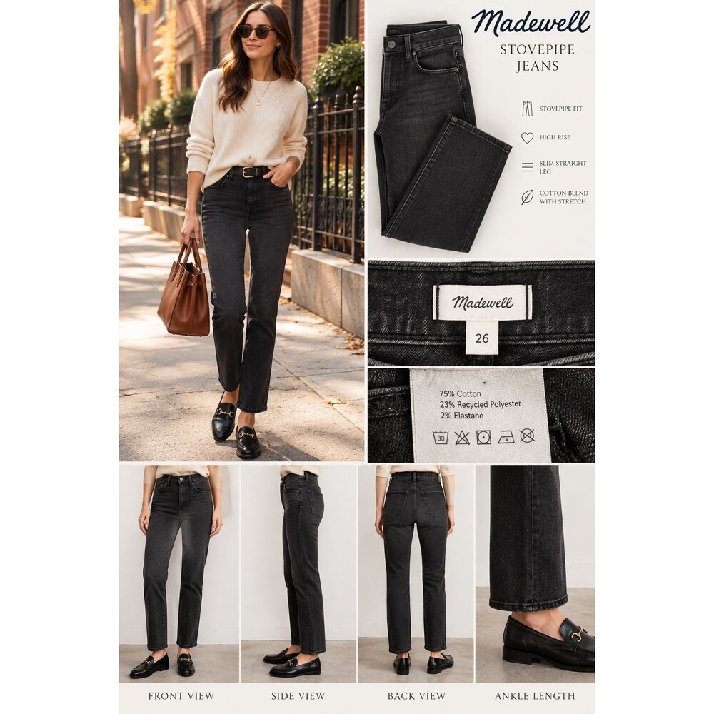 Madewell Stovepipe Jeans Women's 26 Washed Black High Rise Straight Leg Denim